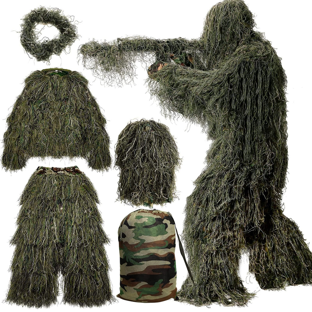 MOPHOTO 5 in 1 Ghillie Suit 3D Camouflage Hunting Suits - Jacket, Pants, Hood, Carry Bag for Youth & Adults M/L/XL/XXL