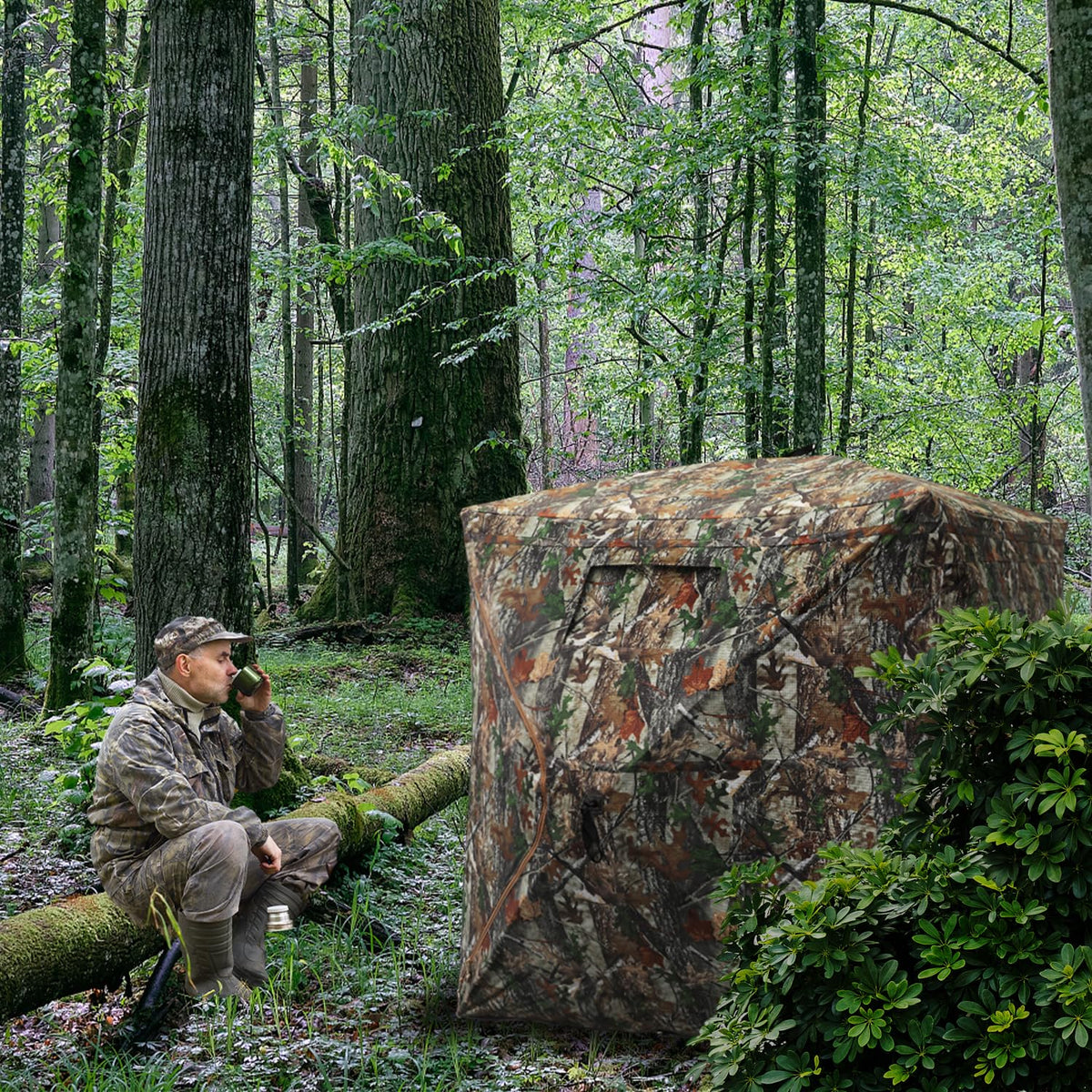 FUNHORUN Hunting Blind with Floor Mat, 360 Degree See Through Ground Blind with Carrying Bag, 3/4 Person Pop Up Camouflage Tent Portable Concealed Shelter