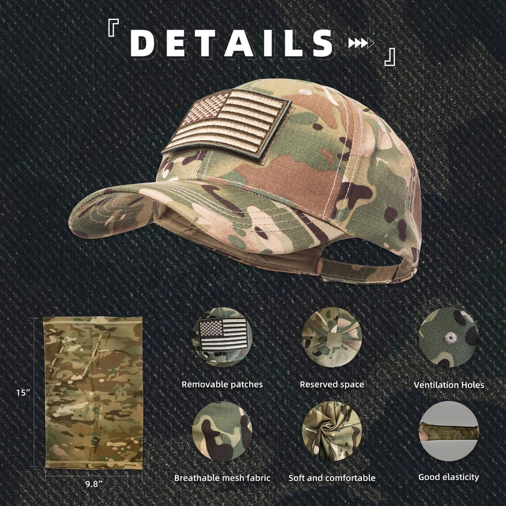 CAMOTER Camo Hat Baseball Cap Camo Face Mask Neck Gaiter with American Flag Patch for Men/Women Outdoors Tactical Military (US, Alpha, One Size, Camo CP All)