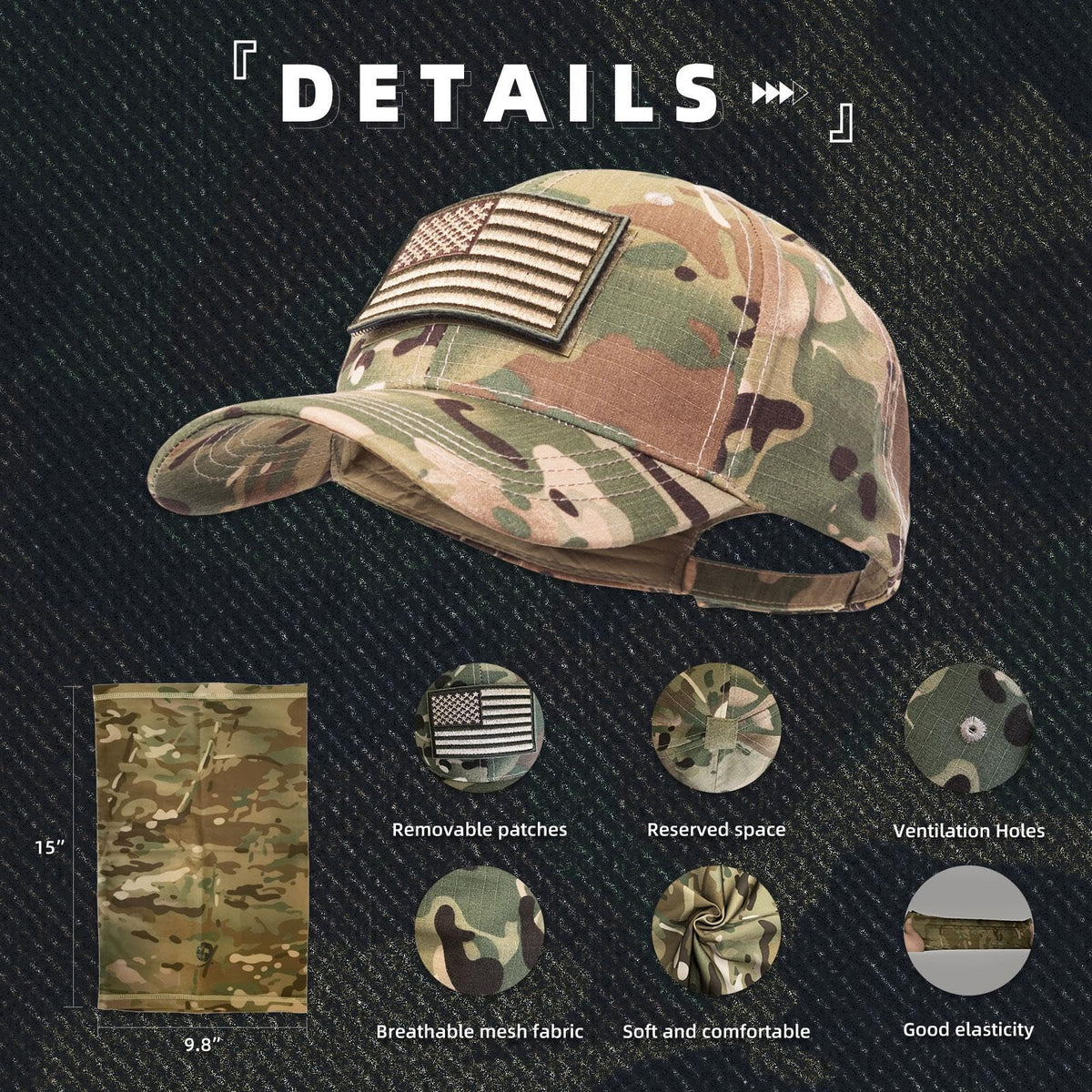 CAMOTER Camo Hat Baseball Cap Camo Face Mask Neck Gaiter with American Flag Patch for Men/Women Outdoors Tactical Military (US, Alpha, One Size, Camo CP All)